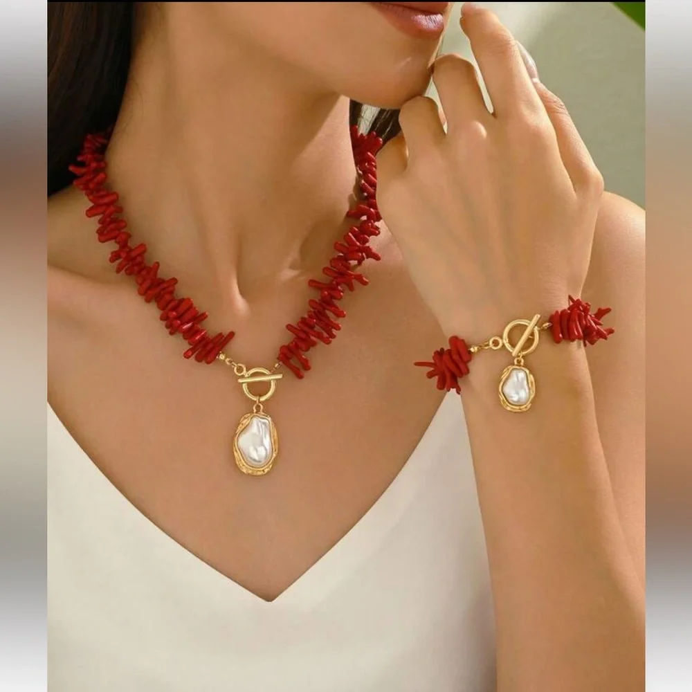 New Red Coral and Gold Faux Pearl Necklace and Bracelet Set - Picture 3 of 15